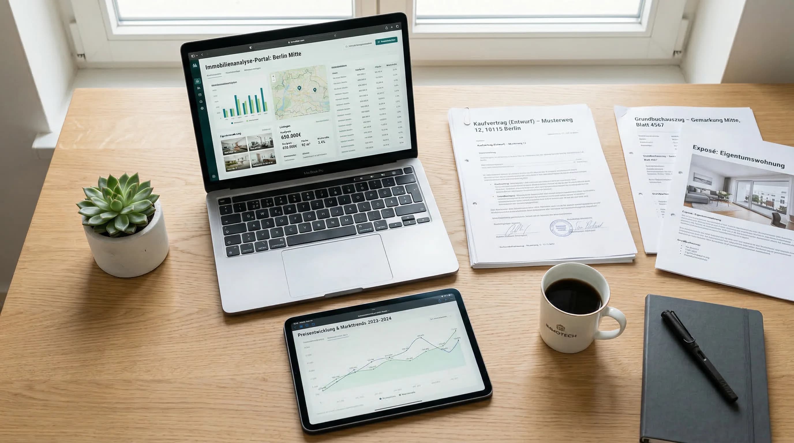 Professioneller Arbeitsplatz mit Immobilienanalyse auf Laptop und Dokumenten