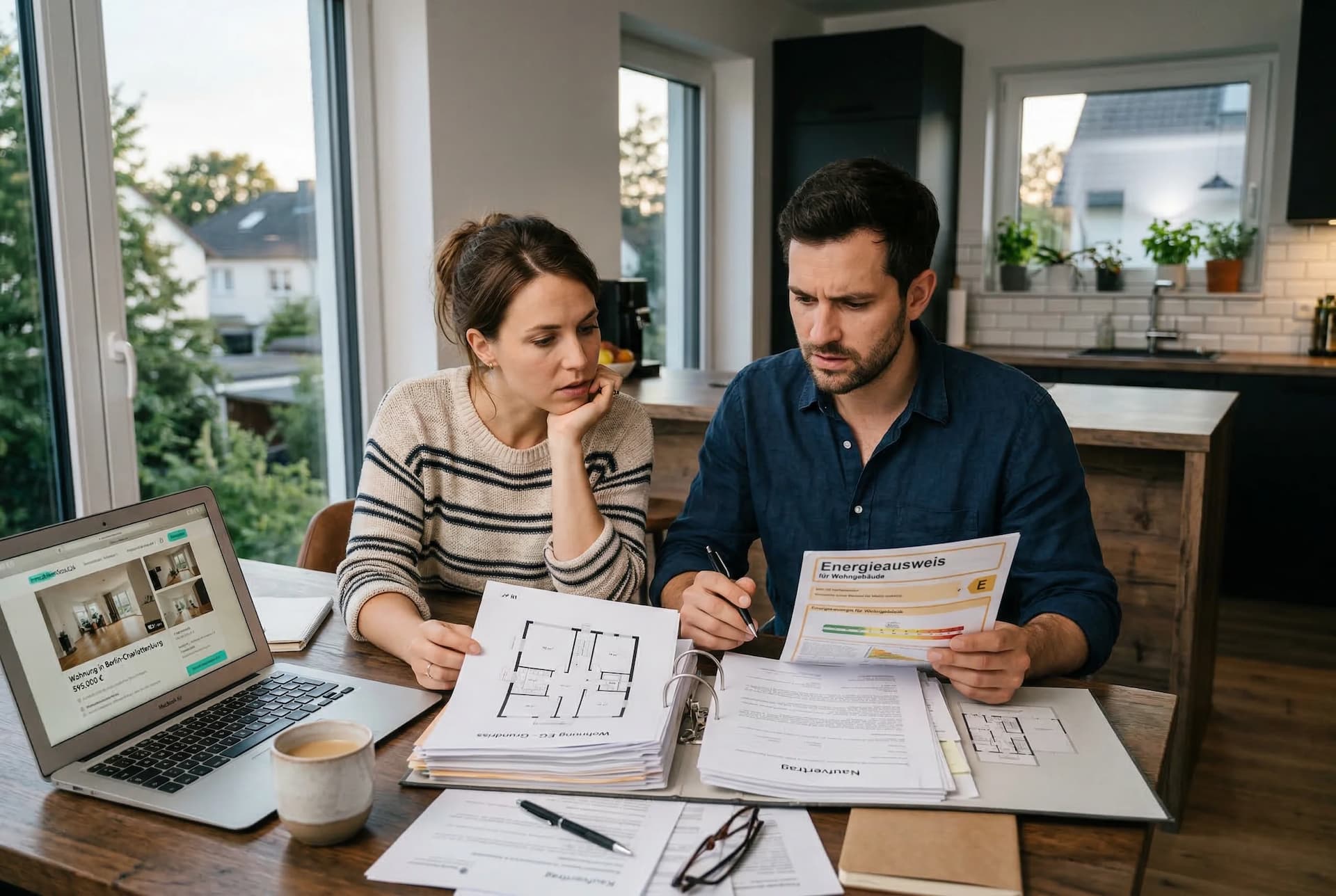 Paar prüft Immobiliendokumente am Küchentisch